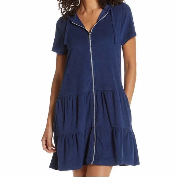 ankle length hoodie dress Navy Blue Warm Cotton Waffle Knee Length Hoodie Dress 48" / Petite (5'1" and below)